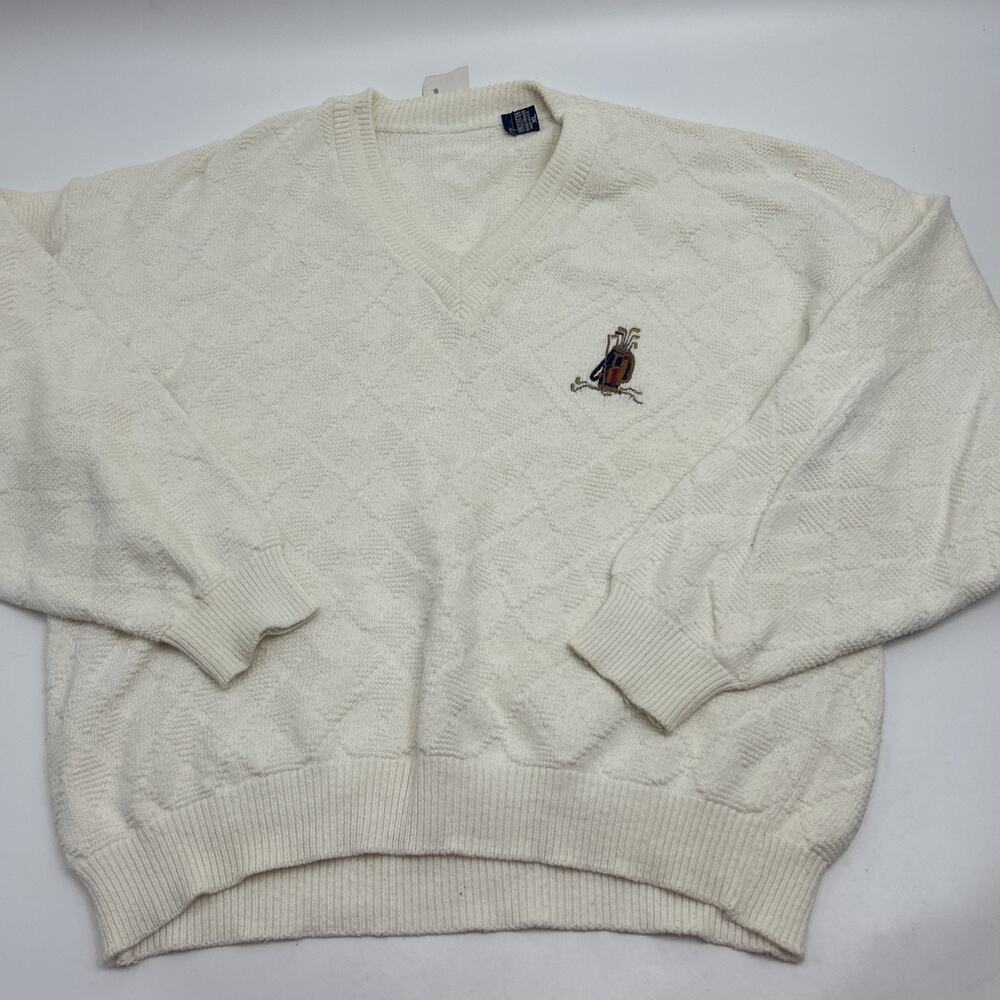 Vntg Scottish Isle Golf Sweater Cable Knit Men's Size XLPreppy Cream MADE IN USA